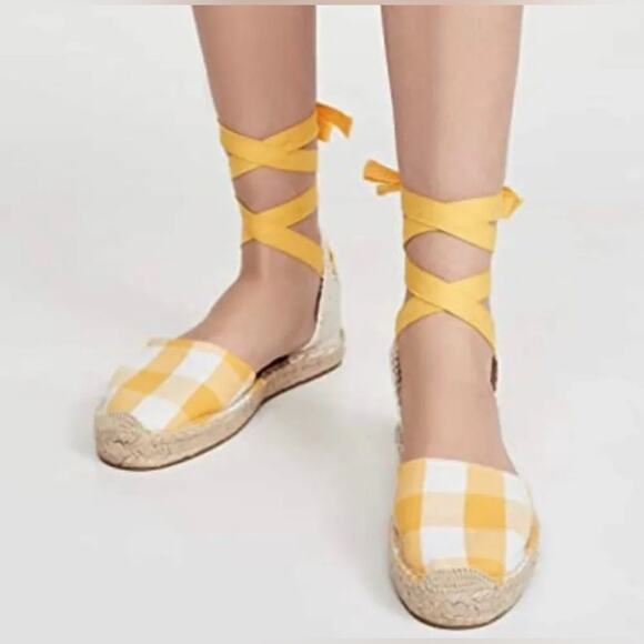 Soludos | Lauren Espadrilles Plaid Marigold Ankle Wrap Ties Jute NWOB - Picture 1 of 10